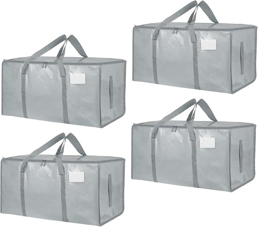 4 Pack-Extra Large Heavy Duty Moving Bags - Waterproof Storage Totes with Handles & Zippers, Foldable for College Dorm, Storage (light gray) by Unknown