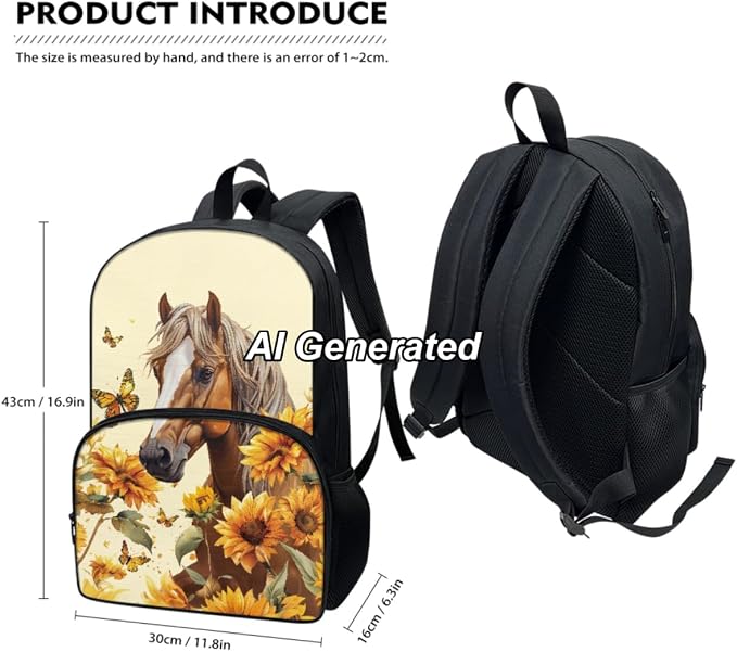 Kids Backpack for School Horse Backpack for Girls | 17 inch Laptop Schoolbag for Girls Boys Kids Backpack with Lunch Box Pencil Bag Set 3Pcs - Image 3