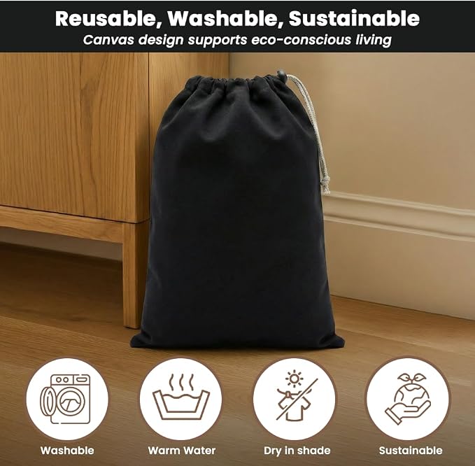 LFH Cotton Rich Shoe Storage Bags with Drawstring, Dustproof Breathable Reusable Organizer, Perfect For Travel, Dorm, Hotel, College, Gym, Machine Washable 12"x17" (Pack of 6) - Black sand - Image 5