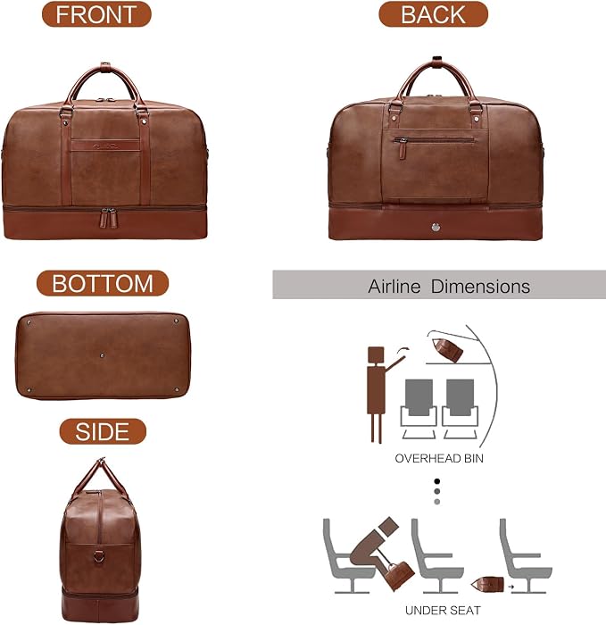 Large 4-in-1 Leather Duffle Bag for Travel Weekender Overnight Hospital Gym Bag for Men & Women, Carry On Airline Approved Personal Item Duffel Garment Bag Luggage with Shoe Compartment & Toiletry Bag - Image 4