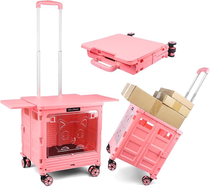 FELICON SELORSS Folding Utility Cart Portable Rolling Crate Handcart-Pink | Magnetic Sliding Lid+Lockable Transparent Front Panel,Telescoping Handle,4 Swivel Wheels Tote for Travel Shop Office Teacher by FELICON