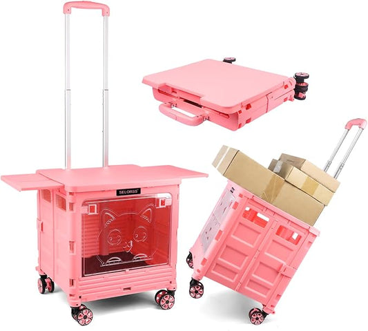 FELICON SELORSS Folding Utility Cart Portable Rolling Crate Handcart-Pink | Magnetic Sliding Lid+Lockable Transparent Front Panel,Telescoping Handle,4 Swivel Wheels Tote for Travel Shop Office Teacher by FELICON