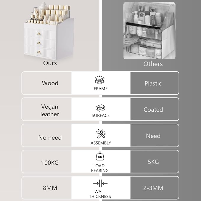 LADSTAG Vanity Organizers,Luxury Skincare Organizer with 3 Tier Drawers,Beige White Large Capacity Cosmetic Organizer Countertop for Makeup Brush,Dresser,Bedroom,Bathroom,Mom Gifts,Mom Birthday Gifts - Image 6