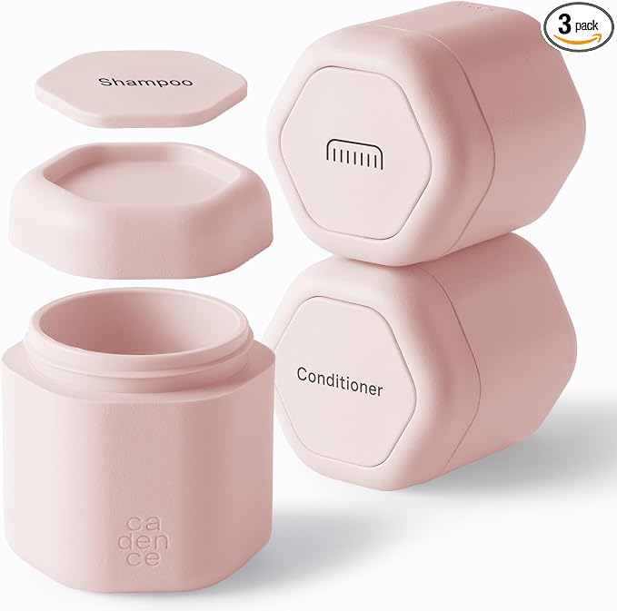 Cadence Travel Containers Haircare Capsule Set - Magnetic Containers with Lids,Carry On Travel Essentials For Women/Men - 3 Flex Mediums (1.32oz) - Shampoo, Conditioner & Comb Icon Labels - Petal by KeepYourCadence