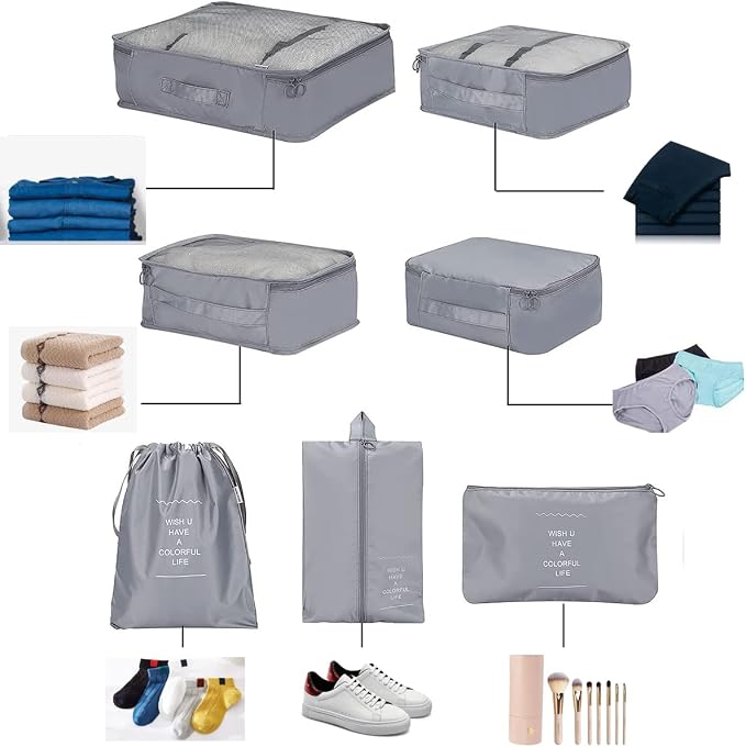 Travel organizer 7 in 1 Packing Cube For Travel Space Saver Laundry Cosmetics Luggage makeup Bag Organizers Set with Shoe Bag for travel (Grey) - Image 2