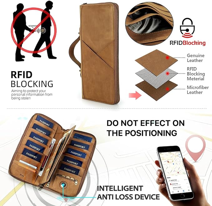 CONTACTS Family Passport Holder for 10 Full Grain Leather Passport Holder Compatible with Airtag Family Travel Document Organizer Multiple Passport Wallet with Rfid Blocking (Brown) - Image 3