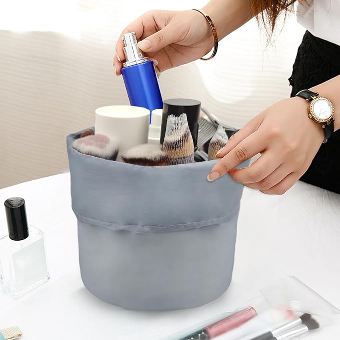 INVODA Drawstring Makeup Bag for Women Cosmetic Bag Large Travel Make up Bags Portable Barrel Toiletry Bag Toiletries Pouch Travel Cosmetic Organizer (Grey) - Image 4