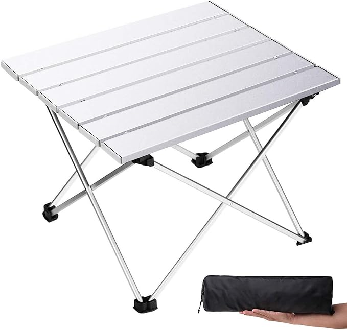 Grope Small Folding Camping Table with Aluminum Table Top, Beach Table for Sand with Carrying Bag,Prefect for Outdoor, Picnic, BBQ, Cooking, Festival (Silver-S) by Grope
