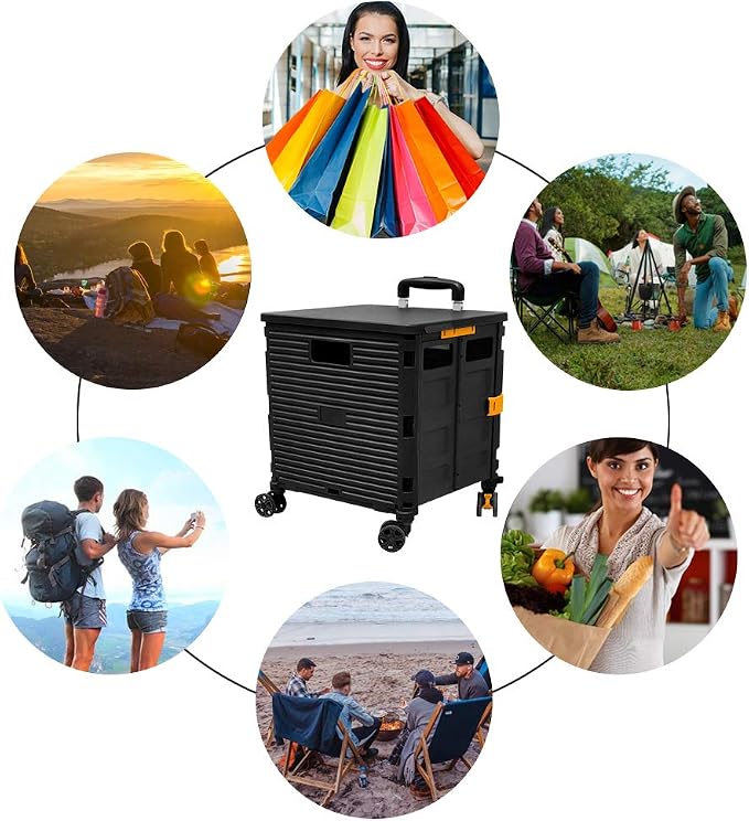 Foldable Utility Cart Portable Rolling Crate Handcart Shopping Trolley Collapsible 4 Rotate Wheels with Durable Heavy Duty Plastic Telescoping Handle for Travel Shopping Moving Storage Office Use - Image 2