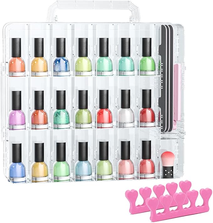 Nail Polish Organizer Case for 48 Bottles, Gel Nail Polish Storage Holder | Double Side Adjustable Space Divider for Acrylic Nail Gel Dip Powder Tips Set with Two Toe Separator by JiashengDirect