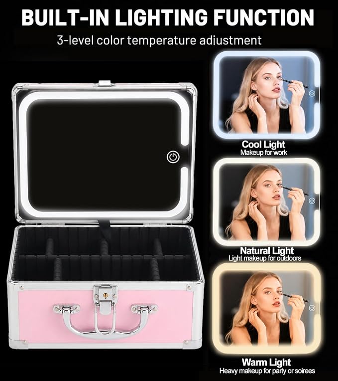 Makeup Case with LED Mirror, Portable Lockable Vanity Case, Travel Makeup Train Box for Women, Cosmetic Organizer, Detachable 3-Color Lighted Mirror, Adjustable Dividers, Brush Holder - Image 3