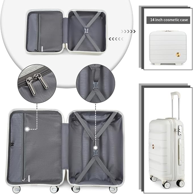 Somago Luggage Sets 4 Piece Lightweight Hardside Polypropylene Travel Suitcases with Double Spinner Wheels and TSA Lock,Creamy White - Image 5