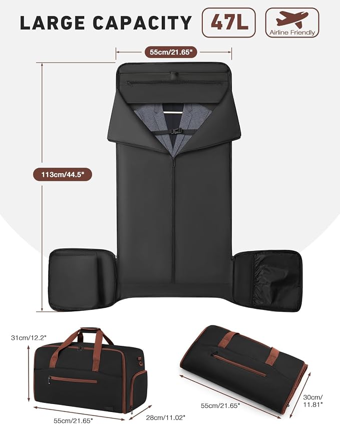 Convertible Garment Bags for Travel, 47L Garment Duffle bag for Hanging Clothes, 3 in 1 Suit Travel Bag for Business Trips with Shoulder Strap, Carry On Suit Luggage for Men,Blackbrown - Image 8