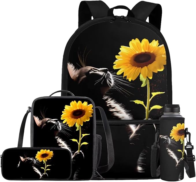 Sunflower Cat Backpack for Girls Kids Backpack with Lunch Box Water Bottle Bag and Soft Pencil Case 4PCS Set Bookbag with Front Pocket for School Teens 17 inch Large Capacity School Bag by ELEDIZI