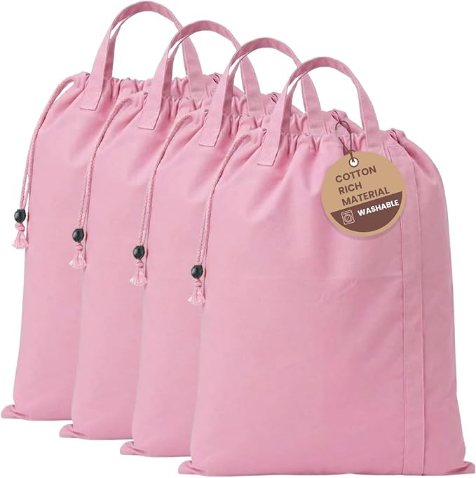LFH Home Large Premium Cotton Rich Canvas Laundry Bag with Drawstring and Handles Heavy Duty, Multi-Use, Washable for Home, Travel, College or Storage 28x36 (Pack of 4)-Pink by LFHHomePrivateLimited