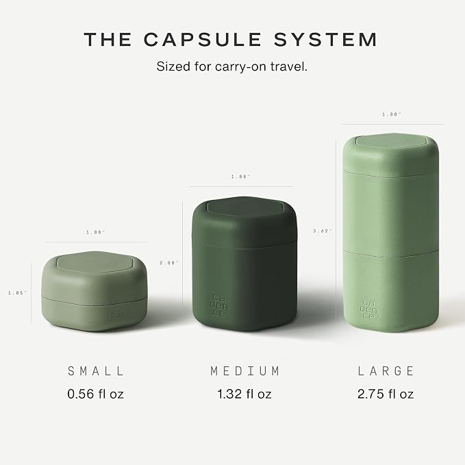 Cadence Travel Containers - 2 Piece Haircare Set - Magnetic Travel Capsules - For Shampoo, Conditioner, Hair Styling Product - 1 Small & 1 Medium Capsule - Shampoo & Conditioner Labels - Evergreen - Image 7