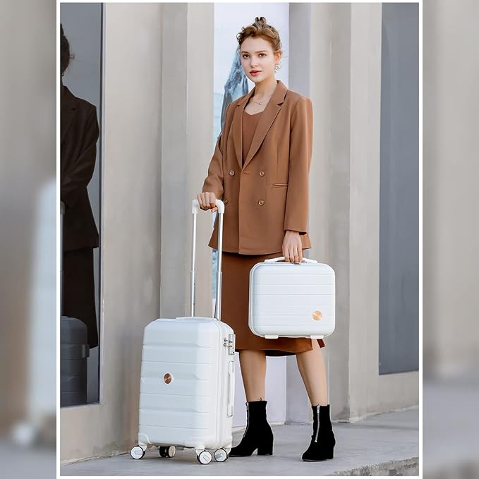 Somago 20" Carry On Luggage and 14" Mini Cosmetic Cases Travel Set Lightweight Polypropylene Suitcase with TSA Lock YKK Zipper Hardside Luggage with Spinner Wheels (2 Piece Set, Creamy White) - Image 9