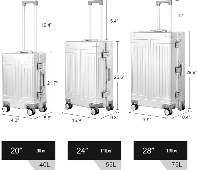 All Aluminum Magnesium Carry On Luggage，Cut from Whole Aluminum Sheet，22x14x9 Airline Approved ，（3rd Generation，Premium Magnesium Metal zipperless suitcase ） (silvery, 24inch) - Image 5