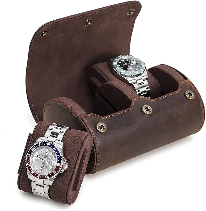 Genuine Leather Watch Roll Travel Case,2 Slots Vintage Full Grain Leather Watch Box with Pillow for Men,Watch Storage Organizer for Home Storage, Gifts by UPRESYE