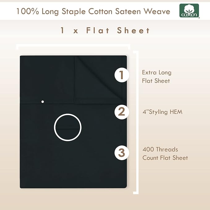 Pizuna Pure 100% Cotton Flat Sheets Only Twin XL Black (1 PC), Luxurious 400 Thread Count Long Staple Cotton Sateen with 4inch Hem (Combed Twin XL Flat Sheet Only Cotton) - Image 3
