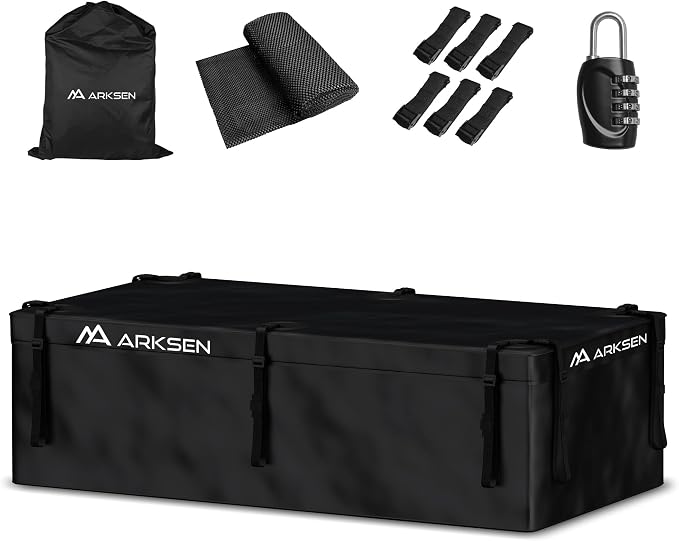 ARKSEN Roof Top Luggage Storage Bag for 64" x 39" Roof Baskets Waterproof 21.5 Cubic Feet (62.2" L x 33.07" W x 18.11" H) with 10 Straps Anti-Slip Mat 6 Door Hooks for All Vehicles with/Without Rack by ARKSEN