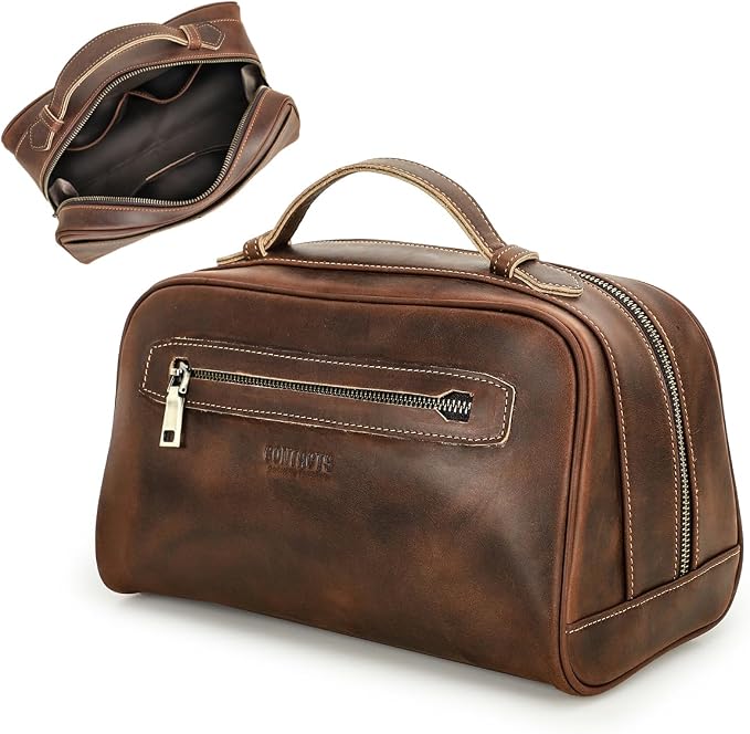 Contacts Full Grain Leather Travel Toiletry Bag for Men Wash Bag Bathroom Shaving Dopp Kit Toiletries Organizer Vintage Cosmetic Bag by CONTACTS