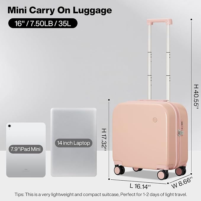 mixi Carry on Luggage, Suitcase with Spinner Wheels 16in Luggage Hardshell Lightweight Rolling Suitcases PC with Cover & TSA Lock, Pink - Image 6