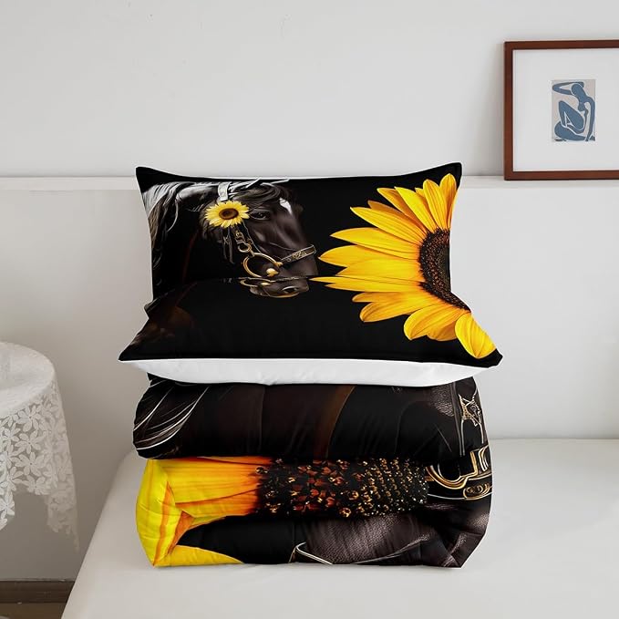 Erosebridal Horse Comforter Set King,Sunflower Horse Bedding Set for Boys Girls Teens Adults,Western Cowboy Farmhouse Down Comforter Farm Animal Quilt Duvet Sets Bedroom Decor 2 Pillow Cases Black - Image 5