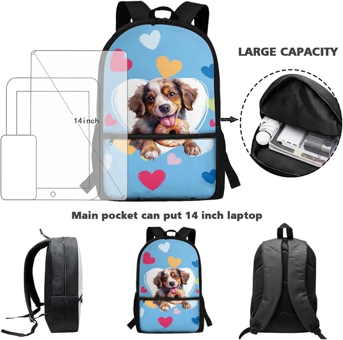 Cartoon Border Collie Dog Print Backpack Set Schoolbag Large Capacity Bookbag Lunch Box Pencil Case 17 Inch Travel Laptop Backpacks Student Rucksack Daypack with Zipper - Image 3