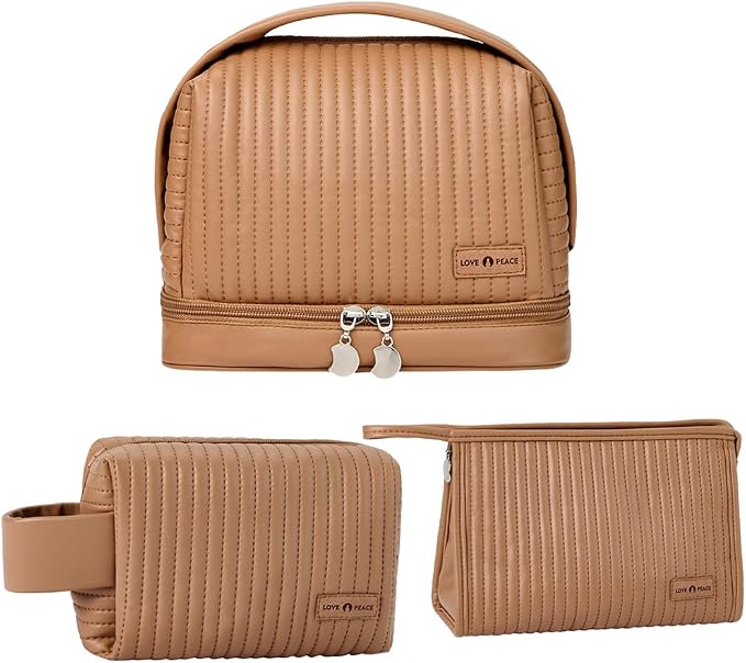 Women's Cute Cosmetic Bags Travel Toiletry Bag Waterproof Leather Cosmetic Bag Set with Handle Zipper Portable Makeup Bags Storage Bag On-the-Go Cosmetic Bag（Brown） by WANNES
