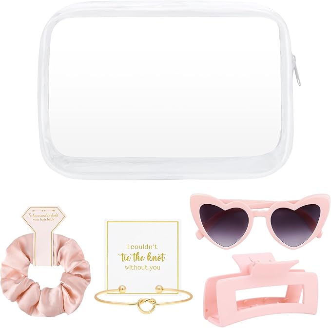DEEKA 5 Pcs Bridesmaid Proposal Bag Set Gift Clear Makeup Toiletry Bag Bachelorette Party Favors Sunglasses Hair Claw Clips Scrunchies Knot Bracelets Bridal Wedding Party Gifts (Pink) - Image 8