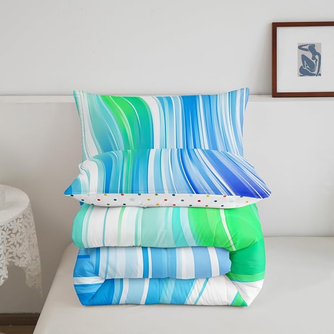 Rainbow Bedding Set Queen Size, Tie Dye Comforter Set For Kids Girls Women Adult Bedroom, Teal Blue Pastel Quilted Duvet Watercolor Geometric Stripes Down Comforter 3 Pieces With 2 Pillow Cases - Image 6