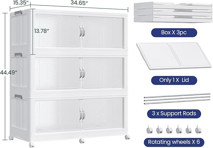 180Gal/720QT 3-Tiers Extra Large Stackable Storage Bins with Lid, Collapsible Cabinet Closet Organizer Plastic Container Box with Wheels Doors Drawers for Office Dorm Kitchen Office, White - Image 2
