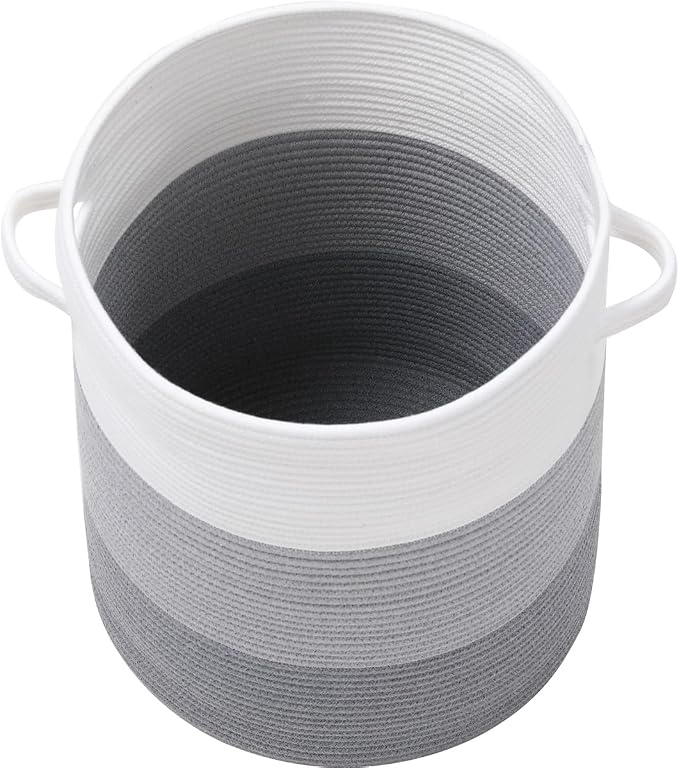 16x18 Inch Extra Large Round Cotton Rope Storage Basket with Lid, Decorative Woven Bin with Cover for Living Room Bedroom Closet, Light Grey & Grey - Image 5