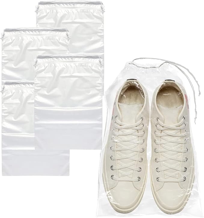 Clear Drawstring Bags, 12 x 16 Inch Plastic Shoe Bags with Cotton Drawstrings, Pack of 100 for Travel Storage and Packaging by PUREVACY