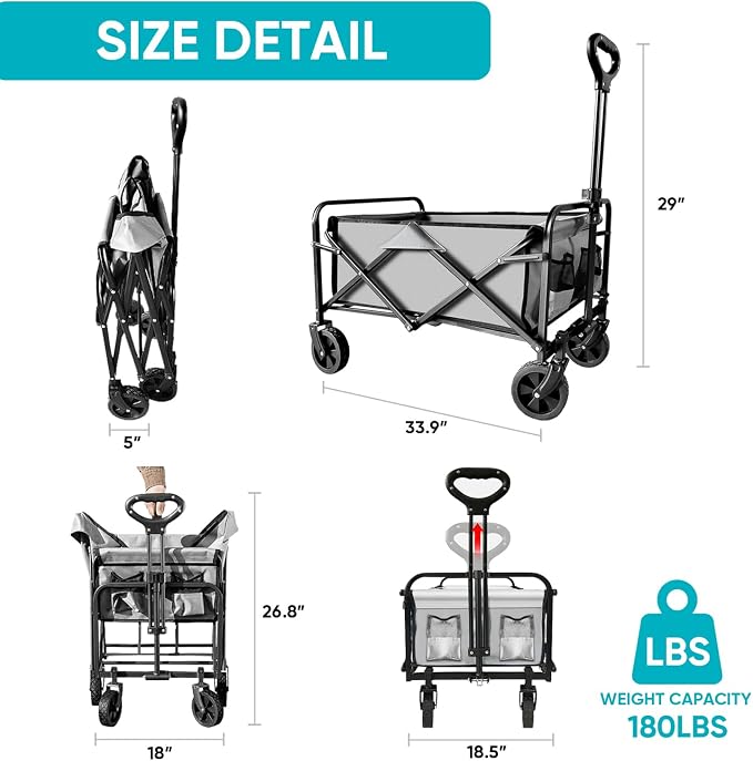 Collapsible Wagon with Quiet Wheels - Silent Grocery Shopping Cart for Seniors, Foldable Utility Cart for Laundry & Apartment, Washable Heavy Duty Rolling Wagon with Two Mesh Pockets, Gray - Image 2