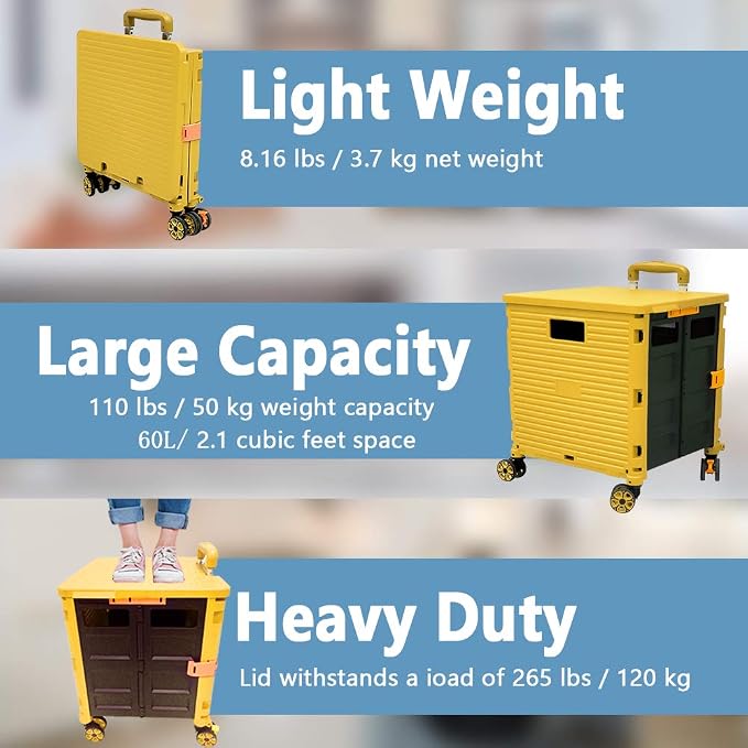 FELICON SELORSS Foldable Utility Cart Folding Portable Rolling Crate-Yellow | Durable,Heavy Duty,Plastic Box,Telescoping Handle,4 Rotate Wheels,Collapsible Handcart for Travel Shop Move Luggage Office - Image 3