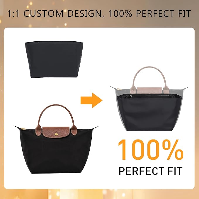 Soft Nylon Purse Organizer Insert for Longchamp Le Pliage Original S Handbag, Lightweight Luxury Long Champ Small Handbag with Cup Holder,Zipper Bags Inner Linner with 7 Deepened Pockets,S/Black - Image 8