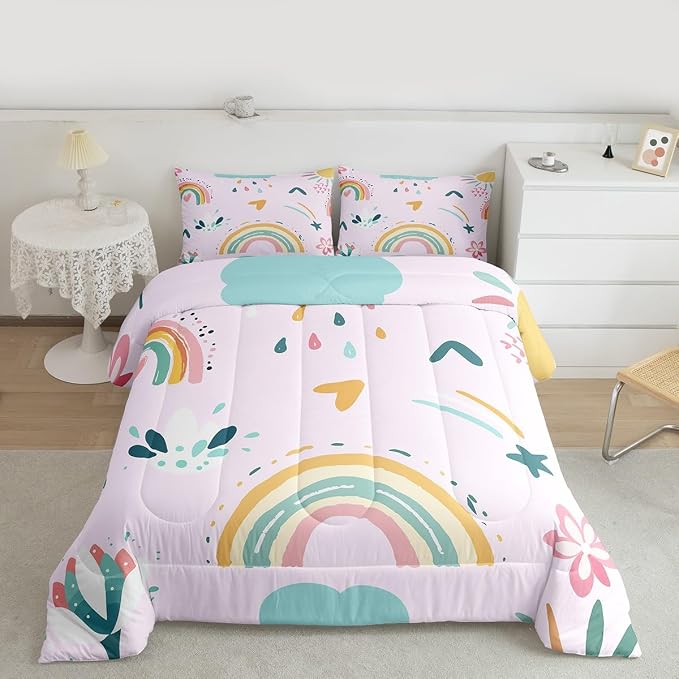 Erosebridal Rainbow Queen Bedding Sets for Girls 3 Pcs, Cute Flowers Comforter Set Cartoon Rainbow Ripple Quilt, Colorful Kawaii Cloud Duvet Insert for Kids Boys Children Women Bedroom Decor, Pink - Image 3