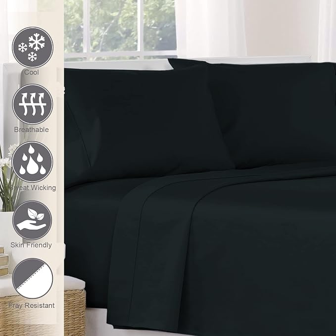 Pizuna Pure 100% Cotton Flat Sheets Only Twin XL Black (1 PC), Luxurious 400 Thread Count Long Staple Cotton Sateen with 4inch Hem (Combed Twin XL Flat Sheet Only Cotton) - Image 2