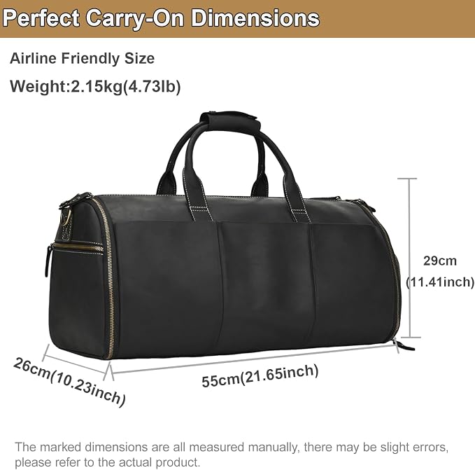 Full Grain Leather Duffel Bag for Men, 2-in-1 Garment Travel Bag with Shoe Compartment, Weekender Overnight Bag for Business Trip, Black - Image 2