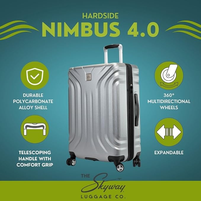 Skyway Nimbus 4.0 Expandable, Durable Hardside, 4 Wheel Spinner, Lightweight Suitcase, Unisex, Stylish, Shiny Silver, Checked-Medium 24-Inch - Image 2