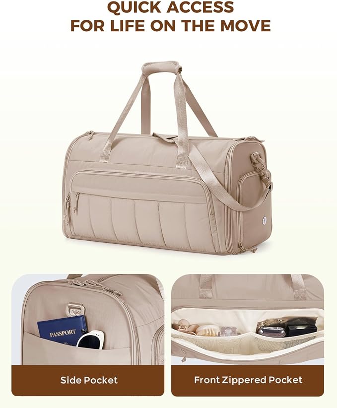 WANDF Convertible Garment Bags for Travel with Wet Pocket Carry on Garment Duffle Bag 2 in 1 Puffy Hanging Clothes Travel Bags with Shoe Compartment for Airplanes Business Weekend Gym Wedding (Khaki) - Image 7