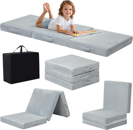 MeMoreCool Foldable Floor Mattress for Kids Trifold, 57x22 Inch Light Grey | Trifold futon floor mattress for playroom, reading nook and travel, washable by MeMoreCool
