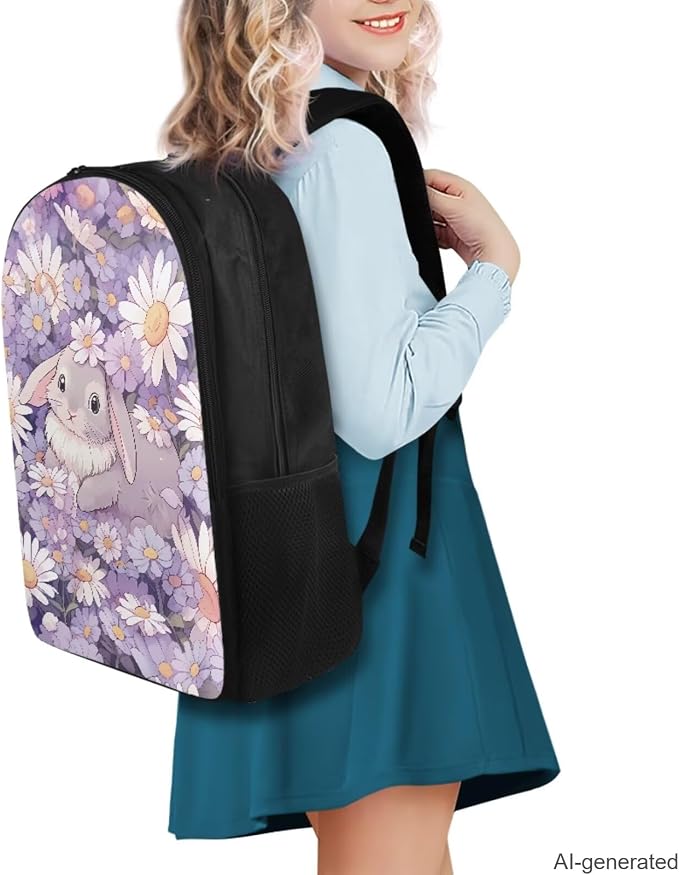 Daisy Bunny Backpack for Girls Kids Backpack with Lunch Box Water Bottle Holder with Strap and Pencil Case 4PCS Set Bookbag with Compartments for School Teens 17 inch Lightweight School Bag - Image 2