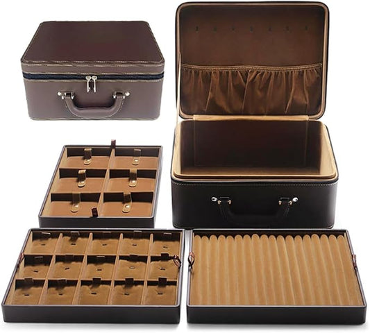 Jewelry Trays stacks Carriable with Handle Zipper Large Box Organizer Faux-Leather Accessory Case Storage(L3-BR) by JewelryStorage