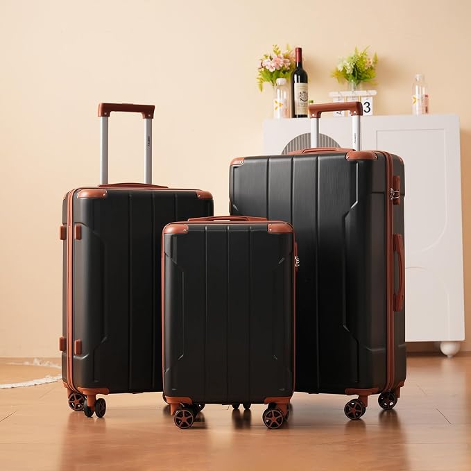Merax Luggage Set 3 Piece, Hard Shell Suitcase Set with Spinner Wheels, Lightweight and Durable, Telescoping Handle, Carry On Luggage for Business and Vacation Travel (Black Brown) - Image 2