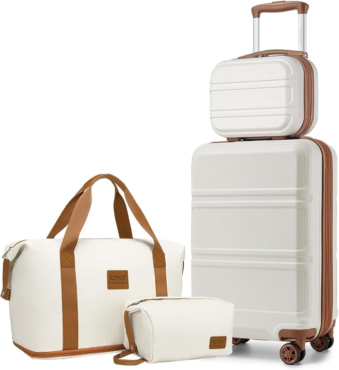 Kono Luggage Set 4 Piece Carry On Hardside Luggage with Spinner Wheels | Lightweight PC+ABS Carry On Suitcase with TSA Lock Cream White by Kono