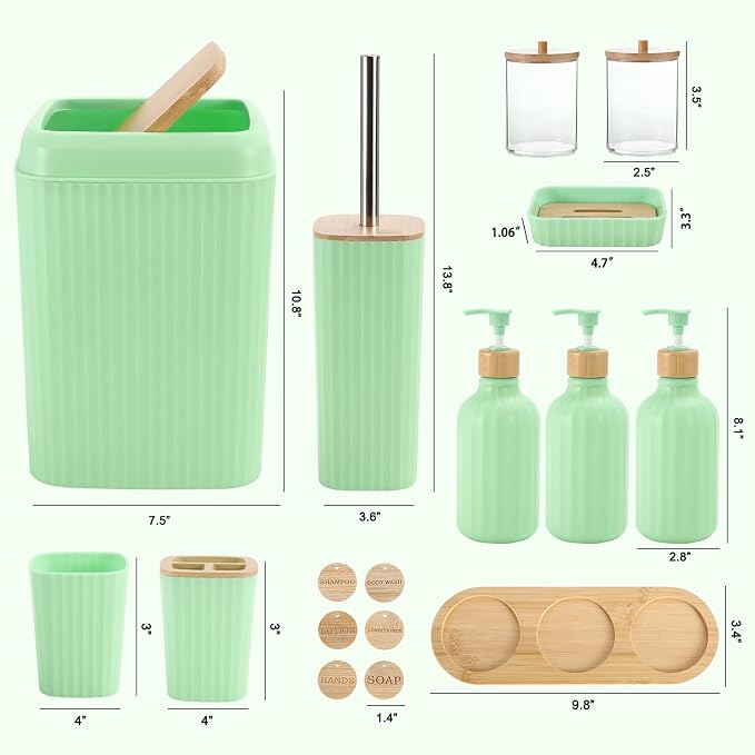 XLHOMO Green Bathroom Accessories Set 17PCS Bathroom Set with Trash Can 3PCS Lotion Soap Dispenser, Toothbrush Holder, 6PCS Wood Tags Bath Accessories with Tray for Kitchen Bathroom - Image 6