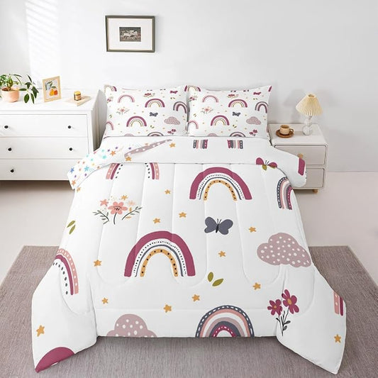 Erosebridal Rainbow Quilt for Kids, Kawaii Flower Comforter Set Cute Butterfly Duvet Insert Queen Size for Girls Boys Children Bedroom Decor, Hand Drawn Iridescent Bedding Set with 2 Pillow Cases by Erosebridal